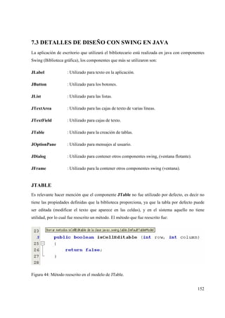 152
7.3 DETALLES DE DISEÑO CON SWING EN JAVA
La aplicación de escritorio que utilizará el bibliotecario está realizada en java con componentes
Swing (Biblioteca gráfica), los componentes que más se utilizaron son:
JLabel : Utilizado para texto en la aplicación.
JButton : Utilizado para los botones.
JList : Utilizado para las listas.
JTextArea : Utilizado para las cajas de texto de varias líneas.
JTextField : Utilizado para cajas de texto.
JTable : Utilizado para la creación de tablas.
JOptionPane : Utilizado para mensajes al usuario.
JDialog : Utilizado para contener otros componentes swing, (ventana flotante).
JFrame : Utilizado para la contener otros componentes swing (ventana).
JTABLE
Es relevante hacer mención que el componente JTable no fue utilizado por defecto, es decir no
tiene las propiedades definidas que la biblioteca proporciona, ya que la tabla por defecto puede
ser editada (modificar el texto que aparece en las celdas), y en el sistema aquello no tiene
utilidad, por lo cual fue reescrito un método. El método que fue reescrito fue:
Figura 44: Método reescrito en el modelo de JTable.
 