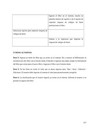 257
Ingresa el libro en el sistema, muetra en
pantalla número de registro y da la opción de
imprimir etiqueta de códigos de barra
perteneciente al libro
Selecciona opción para imprimir etiqueta de
códigos de barra.
Ordena a la impresora que imprima la
etiqueta de códigos de barra.
CURSOS ALTERNOS.
Ítem 2: Ingresa un título de libro que ya existe en el sistema. Da a conocer al bibliotecario la
existencia de otro libro con el mismo título, él decide si ingresar una copia, ocupar la información
del libro que existe para el nuevo libro o ingresar el libro con el mismo título.
Ítem 2: En las listas no existe el valor que se desea ingresar para: Tipo / Serie / Editorial /
Ediciones. El usuario debe ingresar al sistema el valor para posteriormente escogerlo.
Ítem 4: La clasificación que el usuario ingresó ya existe en el sistema. Informa al usuario y no
permite el ingreso del libro.
 