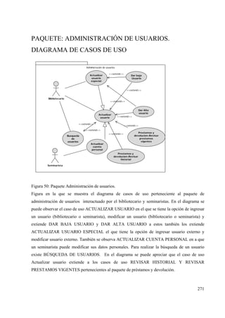 271
PAQUETE: ADMINISTRACIÓN DE USUARIOS.
DIAGRAMA DE CASOS DE USO
Administración de usuarios
Bibliotecario
Seminarista
Busqueda
de
usuarios
Actualizar
usuario
Actualizar
cuenta
personal
Actualizar
usuario
especial
<<extend>>
<<extend>>
Dar baja
Usuario
Dar Alta
usuario
<<extend>>
<<extend>>
<<extend>>
<<extend>>
Prestamos y
devolucion::Revisar
historial
<<extend>> Prestamos y
devolucion::Revisar
prestamos
vigentes
<<extend>>
Figura 50: Paquete Administración de usuarios.
Figura en la que se muestra el diagrama de casos de uso perteneciente al paquete de
administración de usuarios interactuado por el bibliotecario y seminaristas. En el diagrama se
puede observar el caso de uso ACTUALIZAR USUARIO en el que se tiene la opción de ingresar
un usuario (bibliotecario o seminarista), modificar un usuario (bibliotecario o seminarista) y
extiende DAR BAJA USUARIO y DAR ALTA USUARIO a estos también los extiende
ACTUALIZAR USUARIO ESPECIAL el que tiene la opción de ingresar usuario externo y
modificar usuario externo. También se observa ACTUALIZAR CUENTA PERSONAL en a que
un seminarista puede modificar sus datos personales. Para realizar la búsqueda de un usuario
existe BÚSQUEDA DE USUARIOS. En el diagrama se puede apreciar que el caso de uso
Actualizar usuario extiende a los casos de uso REVISAR HISTORIAL Y REVISAR
PRESTAMOS VIGENTES pertenecientes al paquete de préstamos y devolución.
 