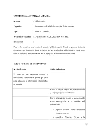 272
CASO DE USO: ACTUALIZAR USUARIO.
Actores : Bibliotecario.
Propósito : Mantener actualizada la información de los usuarios.
Tipo : Primario y esencial.
Referencias cruzadas : Requerimientos R7, R8, R9, R10, R11, R12.
Descripción :
Para poder actualizar una cuenta de usuario, el bibliotecario deberá en primera instancia
elegir qué tipo de usuario desea actualizar, ya sea seminarista o bibliotecario para luego
tener la opción de crear, modificar, dar de baja y dar de alta al usuario que desee.
CURSO NORMAL DE LOS EVENTOS
Acción del actor Acción del sistema
El caso de uso comienza cuando el
bibliotecario selecciona la opción que desea
para actualizar la información relacionada a
un usuario.
Valida la opción elegida por el bibliotecario
y despliega opciones existentes.
Deriva a la sección o caso de uso extendido
según corresponda a la elección del
bibliotecario.
- Ingresar usuario: Deriva a la sección
ingresar usuario.
- Modificar Usuario: Deriva a la
 