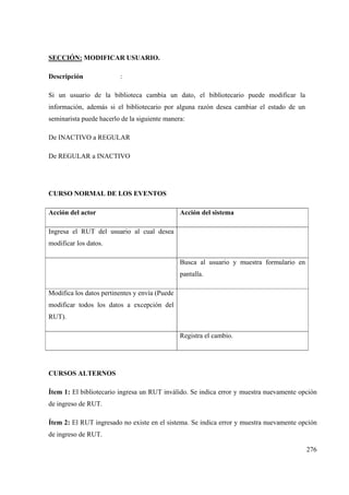 276
SECCIÓN: MODIFICAR USUARIO.
Descripción :
Si un usuario de la biblioteca cambia un dato, el bibliotecario puede modificar la
información, además si el bibliotecario por alguna razón desea cambiar el estado de un
seminarista puede hacerlo de la siguiente manera:
De INACTIVO a REGULAR
De REGULAR a INACTIVO
CURSO NORMAL DE LOS EVENTOS
Acción del actor Acción del sistema
Ingresa el RUT del usuario al cual desea
modificar los datos.
Busca al usuario y muestra formulario en
pantalla.
Modifica los datos pertinentes y envía (Puede
modificar todos los datos a excepción del
RUT).
Registra el cambio.
CURSOS ALTERNOS
Ítem 1: El bibliotecario ingresa un RUT inválido. Se indica error y muestra nuevamente opción
de ingreso de RUT.
Ítem 2: El RUT ingresado no existe en el sistema. Se indica error y muestra nuevamente opción
de ingreso de RUT.
 