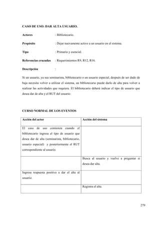 279
CASO DE USO: DAR ALTA USUARIO.
Actores : Bibliotecario.
Propósito : Dejar nuevamente activo a un usuario en el sistema.
Tipo : Primario y esencial.
Referencias cruzadas : Requerimientos R9, R12, R16.
Descripción :
Si un usuario, ya sea seminarista, bibliotecario o un usuario especial, después de ser dado de
baja necesita volver a utilizar el sistema, un bibliotecario puede darlo de alta para volver a
realizar las actividades que requiera. El bibliotecario deberá indicar el tipo de usuario que
desea dar de alta y el RUT del usuario.
CURSO NORMAL DE LOS EVENTOS
Acción del actor Acción del sistema
El caso de uso comienza cuando el
bibliotecario ingresa el tipo de usuario que
desea dar de alta (seminarista, bibliotecario,
usuario especial) y posteriormente el RUT
correspondiente al usuario.
Busca al usuario y vuelve a preguntar si
desea dar alta.
Ingresa respuesta positiva a dar el alta al
usuario.
Registra el alta.
 