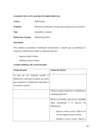 281
CASO DE USO: ACTUALIZAR USUARIO ESPECIAL.
Actores : Bibliotecario.
Propósito : Mantener actualizados a usuarios que no pertenecen al seminario.
Tipo : Secundario y esencial.
Referencias cruzadas : Requerimiento R16.
Descripción :
Para mantener actualizada la información perteneciente a usuarios que no pertenecen al
seminario, el bibliotecario tendrá las siguientes opciones:
- Ingresar usuario externo.
- Modificar usuario externo.
CURSO NORMAL DE LOS EVENTOS
Acción del actor Acción del sistema
El caso de uso comienza cuando el
bibliotecario selecciona la opción que desea
para actualizar la información relacionada a
los usuarios externos.
Valida la opción elegida por el bibliotecario
y despliega opciones.
Deriva a la sección o caso de uso extendido
según corresponda a la elección del
bibliotecario.
- Ingresar usuario externo: Deriva a la
sección ingresar usuario externo.
- Modificar usuario externo: Deriva a
 