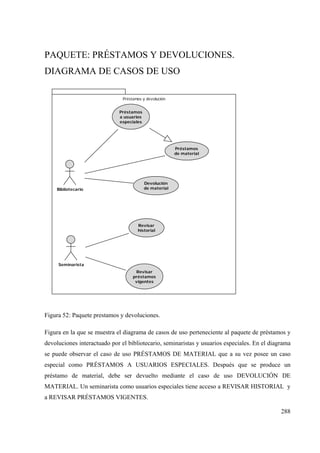 288
PAQUETE: PRÉSTAMOS Y DEVOLUCIONES.
DIAGRAMA DE CASOS DE USO
Préstamos y devolución
Bibliotecario
Seminarista
Préstamos
de material
Devolución
de material
Préstamos
a usuarios
especiales
Revisar
historial
Revisar
préstamos
vigentes
Figura 52: Paquete prestamos y devoluciones.
Figura en la que se muestra el diagrama de casos de uso perteneciente al paquete de préstamos y
devoluciones interactuado por el bibliotecario, seminaristas y usuarios especiales. En el diagrama
se puede observar el caso de uso PRÉSTAMOS DE MATERIAL que a su vez posee un caso
especial como PRÉSTAMOS A USUARIOS ESPECIALES. Después que se produce un
préstamo de material, debe ser devuelto mediante el caso de uso DEVOLUCIÓN DE
MATERIAL. Un seminarista como usuarios especiales tiene acceso a REVISAR HISTORIAL y
a REVISAR PRÉSTAMOS VIGENTES.
 