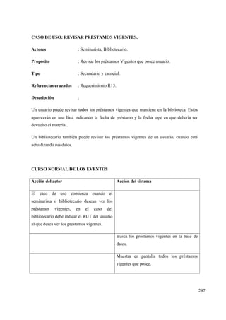 297
CASO DE USO: REVISAR PRÉSTAMOS VIGENTES.
Actores : Seminarista, Bibliotecario.
Propósito : Revisar los préstamos Vigentes que posee usuario.
Tipo : Secundario y esencial.
Referencias cruzadas : Requerimiento R13.
Descripción :
Un usuario puede revisar todos los préstamos vigentes que mantiene en la biblioteca. Estos
aparecerán en una lista indicando la fecha de préstamo y la fecha tope en que debería ser
devuelto el material.
Un bibliotecario también puede revisar los préstamos vigentes de un usuario, cuando está
actualizando sus datos.
CURSO NORMAL DE LOS EVENTOS
Acción del actor Acción del sistema
El caso de uso comienza cuando el
seminarista o bibliotecario desean ver los
préstamos vigentes, en el caso del
bibliotecario debe indicar el RUT del usuario
al que desea ver los prestamos vigentes.
Busca los préstamos vigentes en la base de
datos.
Muestra en pantalla todos los préstamos
vigentes que posee.
 