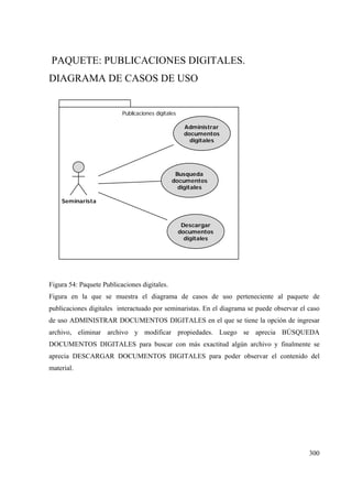 300
PAQUETE: PUBLICACIONES DIGITALES.
DIAGRAMA DE CASOS DE USO
Publicaciones digitales
Seminarista
Administrar
documentos
digitales
Descargar
documentos
digitales
Busqueda
documentos
digitales
Figura 54: Paquete Publicaciones digitales.
Figura en la que se muestra el diagrama de casos de uso perteneciente al paquete de
publicaciones digitales interactuado por seminaristas. En el diagrama se puede observar el caso
de uso ADMINISTRAR DOCUMENTOS DIGITALES en el que se tiene la opción de ingresar
archivo, eliminar archivo y modificar propiedades. Luego se aprecia BÚSQUEDA
DOCUMENTOS DIGITALES para buscar con más exactitud algún archivo y finalmente se
aprecia DESCARGAR DOCUMENTOS DIGITALES para poder observar el contenido del
material.
 