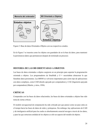 24
Figura 3: Base de datos Orientada a Objetos con sus respectivos estados.
En la Figura 3 se muestra como los objetos son guardados de en la base de datos, para mantener
la persistencia (datos que permanecen después de terminado un proceso).
HISTORIA DE LAS BD ORIENTADAS A OBJETOS
Las bases de datos orientadas a objetos surgieron en un principio para soportar la programación
orientada a objetos. Los programadores de Smalltalk y C++ necesitaban almacenar lo que
llamaban datos persistentes. Las BDOO se volvieron importantes para cierto tipo de aplicaciones
con datos complejos, como CAD (diseño apoyado por computadora) y CAE (Ingeniería apoyada
por computadora) (Martin, y otros, 1994).
CRÍTICAS
Comparadas con las bases de datos relacionales, las bases de datos orientadas a objetos han sido
tema de ciertas críticas:
El modelo navegacional de computación ha sido criticado por que parece como un paso atrás en
el tiempo hacia las bases de datos de redes y jerárquicas. Sin embargo, hay aplicaciones de CAD
y de inteligencia artificial para las cuales es absolutamente esencial navegar a través de los datos,
y para las que estructura anidada de los objetos es sólo un aspecto del modelo de objetos.
 