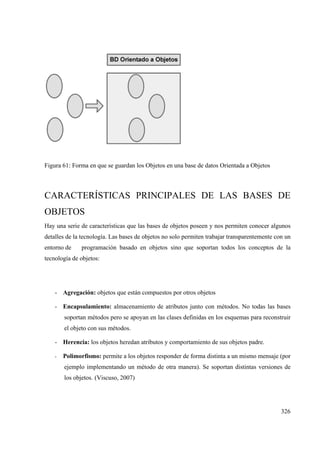 326
Figura 61: Forma en que se guardan los Objetos en una base de datos Orientada a Objetos
CARACTERÍSTICAS PRINCIPALES DE LAS BASES DE
OBJETOS
Hay una serie de características que las bases de objetos poseen y nos permiten conocer algunos
detalles de la tecnología. Las bases de objetos no solo permiten trabajar transparentemente con un
entorno de programación basado en objetos sino que soportan todos los conceptos de la
tecnología de objetos:
- Agregación: objetos que están compuestos por otros objetos
- Encapsulamiento: almacenamiento de atributos junto con métodos. No todas las bases
soportan métodos pero se apoyan en las clases definidas en los esquemas para reconstruir
el objeto con sus métodos.
- Herencia: los objetos heredan atributos y comportamiento de sus objetos padre.
- Polimorfismo: permite a los objetos responder de forma distinta a un mismo mensaje (por
ejemplo implementando un método de otra manera). Se soportan distintas versiones de
los objetos. (Viscuso, 2007)
 