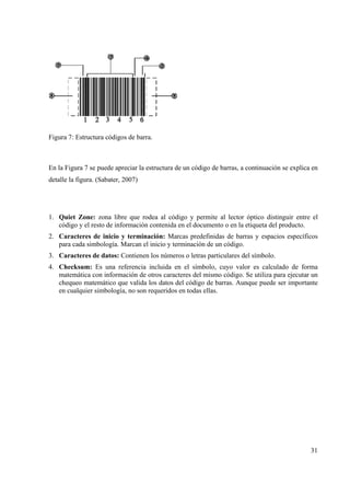 31
Figura 7: Estructura códigos de barra.
En la Figura 7 se puede apreciar la estructura de un código de barras, a continuación se explica en
detalle la figura. (Sabater, 2007)
1. Quiet Zone: zona libre que rodea al código y permite al lector óptico distinguir entre el
código y el resto de información contenida en el documento o en la etiqueta del producto.
2. Caracteres de inicio y terminación: Marcas predefinidas de barras y espacios específicos
para cada simbología. Marcan el inicio y terminación de un código.
3. Caracteres de datos: Contienen los números o letras particulares del símbolo.
4. Checksum: Es una referencia incluida en el símbolo, cuyo valor es calculado de forma
matemática con información de otros caracteres del mismo código. Se utiliza para ejecutar un
chequeo matemático que valida los datos del código de barras. Aunque puede ser importante
en cualquier simbología, no son requeridos en todas ellas.
 