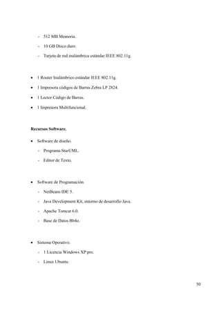 50
- 512 MB Memoria.
- 10 GB Disco duro.
- Tarjeta de red inalámbrica estándar IEEE 802.11g.
• 1 Router Inalámbrico estándar IEEE 802.11g.
• 1 Impresora códigos de Barras Zebra LP 2824.
• 1 Lector Código de Barras.
• 1 Impresora Multifuncional.
Recursos Software.
• Software de diseño.
- Programa StarUML.
- Editor de Texto.
• Software de Programación.
- NetBeans IDE 5.
- Java Development Kit, entorno de desarrollo Java.
- Apache Tomcat 6.0.
- Base de Datos Bb4o.
• Sistema Operativo.
- 1 Licencia Windows XP pro.
- Linux Ubuntu.
 