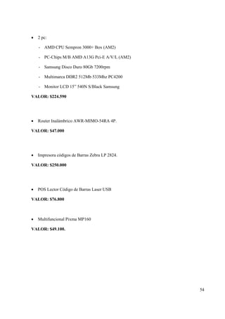 54
• 2 pc:
- AMD CPU Sempron 3000+ Box (AM2)
- PC-Chips M/B AMD A13G Pci-E A/V/L (AM2)
- Samsung Disco Duro 80Gb 7200rpm
- Multimarca DDR2 512Mb 533Mhz PC4200
- Monitor LCD 15” 540N S/Black Samsung
VALOR: $224.590
• Router Inalámbrico AWR-MIMO-54RA 4P.
VALOR: $47.000
• Impresora códigos de Barras Zebra LP 2824.
VALOR: $250.000
• POS Lector Código de Barras Laser USB
VALOR: $76.800
• Multifuncional Pixma MP160
VALOR: $49.100.
 
