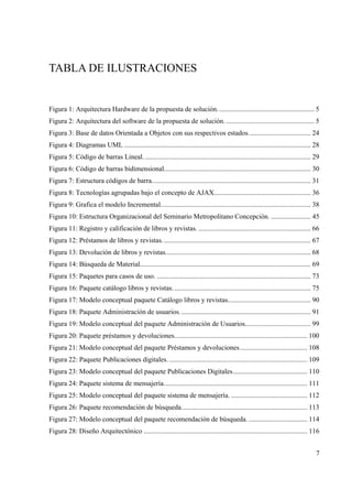 7
TABLA DE ILUSTRACIONES
Figura 1: Arquitectura Hardware de la propuesta de solución........................................................ 5
Figura 2: Arquitectura del software de la propuesta de solución. ................................................... 5
Figura 3: Base de datos Orientada a Objetos con sus respectivos estados.................................... 24
Figura 4: Diagramas UML ............................................................................................................ 28
Figura 5: Código de barras Lineal................................................................................................. 29
Figura 6: Código de barras bidimensional..................................................................................... 30
Figura 7: Estructura códigos de barra............................................................................................ 31
Figura 8: Tecnologías agrupadas bajo el concepto de AJAX........................................................ 36
Figura 9: Grafica el modelo Incremental....................................................................................... 38
Figura 10: Estructura Organizacional del Seminario Metropolitano Concepción. ....................... 45
Figura 11: Registro y calificación de libros y revistas. ................................................................. 66
Figura 12: Préstamos de libros y revistas...................................................................................... 67
Figura 13: Devolución de libros y revistas.................................................................................... 68
Figura 14: Búsqueda de Material................................................................................................... 69
Figura 15: Paquetes para casos de uso. ......................................................................................... 73
Figura 16: Paquete catálogo libros y revistas................................................................................ 75
Figura 17: Modelo conceptual paquete Catálogo libros y revistas................................................ 90
Figura 18: Paquete Administración de usuarios............................................................................ 91
Figura 19: Modelo conceptual del paquete Administración de Usuarios...................................... 99
Figura 20: Paquete préstamos y devoluciones............................................................................. 100
Figura 21: Modelo conceptual del paquete Préstamos y devoluciones....................................... 108
Figura 22: Paquete Publicaciones digitales. ................................................................................ 109
Figura 23: Modelo conceptual del paquete Publicaciones Digitales........................................... 110
Figura 24: Paquete sistema de mensajería................................................................................... 111
Figura 25: Modelo conceptual del paquete sistema de mensajería. ............................................ 112
Figura 26: Paquete recomendación de búsqueda......................................................................... 113
Figura 27: Modelo conceptual del paquete recomendación de búsqueda. .................................. 114
Figura 28: Diseño Arquitectónico ............................................................................................... 116
 