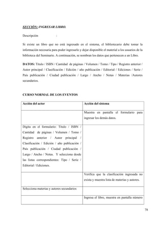 78
SECCIÓN: INGRESAR LIBRO.
Descripción :
Si existe un libro que no está ingresado en el sistema, el bibliotecario debe tomar la
información necesaria para poder ingresarlo y dejar disponible el material a los usuarios de la
biblioteca del Seminario. A continuación, se nombran los datos que pertenecen a un Libro.
DATOS: Título / ISBN / Cantidad de páginas / Volumen / Tomo / Tipo / Registro anterior /
Autor principal / Clasificación / Edición / año publicación / Editorial / Ediciones / Serie /
País publicación / Ciudad publicación / Largo / Ancho / Notas / Materias /Autores
secundarios.
CURSO NORMAL DE LOS EVENTOS
Acción del actor Acción del sistema
Muestra en pantalla el formulario para
ingresar los demás datos.
Digita en el formulario: Título / ISBN /
Cantidad de páginas / Volumen / Tomo /
Registro anterior / Autor principal /
Clasificación / Edición / año publicación /
País publicación / Ciudad publicación /
Largo / Ancho / Notas. Y selecciona desde
las listas correspondientes: Tipo / Serie /
Editorial / Ediciones.
Verifica que la clasificación ingresada no
exista y muestra lista de materias y autores.
Selecciona materias y autores secundarios
Ingresa el libro, muestra en pantalla número
 
