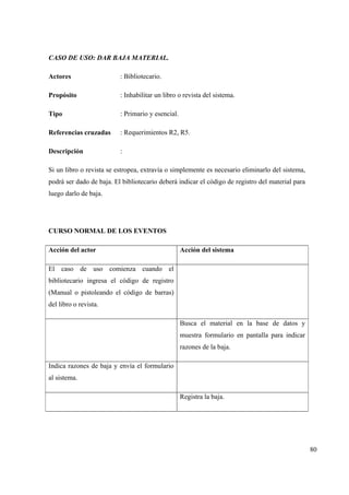 80
CASO DE USO: DAR BAJA MATERIAL.
Actores : Bibliotecario.
Propósito : Inhabilitar un libro o revista del sistema.
Tipo : Primario y esencial.
Referencias cruzadas : Requerimientos R2, R5.
Descripción :
Si un libro o revista se estropea, extravía o simplemente es necesario eliminarlo del sistema,
podrá ser dado de baja. El bibliotecario deberá indicar el código de registro del material para
luego darlo de baja.
CURSO NORMAL DE LOS EVENTOS
Acción del actor Acción del sistema
El caso de uso comienza cuando el
bibliotecario ingresa el código de registro
(Manual o pistoleando el código de barras)
del libro o revista.
Busca el material en la base de datos y
muestra formulario en pantalla para indicar
razones de la baja.
Indica razones de baja y envía el formulario
al sistema.
Registra la baja.
 