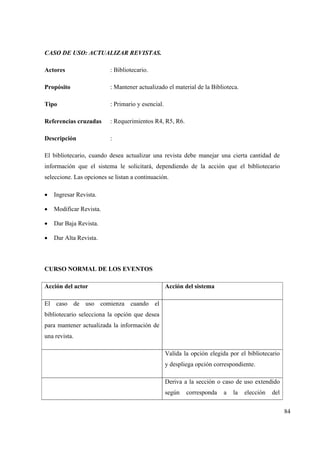 84
CASO DE USO: ACTUALIZAR REVISTAS.
Actores : Bibliotecario.
Propósito : Mantener actualizado el material de la Biblioteca.
Tipo : Primario y esencial.
Referencias cruzadas : Requerimientos R4, R5, R6.
Descripción :
El bibliotecario, cuando desea actualizar una revista debe manejar una cierta cantidad de
información que el sistema le solicitará, dependiendo de la acción que el bibliotecario
seleccione. Las opciones se listan a continuación.
• Ingresar Revista.
• Modificar Revista.
• Dar Baja Revista.
• Dar Alta Revista.
CURSO NORMAL DE LOS EVENTOS
Acción del actor Acción del sistema
El caso de uso comienza cuando el
bibliotecario selecciona la opción que desea
para mantener actualizada la información de
una revista.
Valida la opción elegida por el bibliotecario
y despliega opción correspondiente.
Deriva a la sección o caso de uso extendido
según corresponda a la elección del
 
