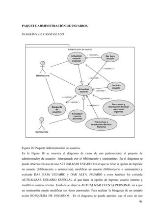 91
PAQUETE ADMINISTRACIÓN DE USUARIOS.
DIAGRAMA DE CASOS DE USO
Administración de usuarios
Bibliotecario
Seminarista
Busqueda
de
usuarios
Actualizar
usuario
Actualizar
cuenta
personal
Actualizar
usuario
especial
<<extend>>
<<extend>>
Dar baja
Usuario
Dar Alta
usuario
<<extend>>
<<extend>>
<<extend>>
<<extend>>
Prestamos y
devolucion::Revisar
historial
<<extend>> Prestamos y
devolucion::Revisar
prestamos
vigentes
<<extend>>
Figura 18: Paquete Administración de usuarios.
En la Figura 18 se muestra el diagrama de casos de uso perteneciente al paquete de
administración de usuarios interactuado por el bibliotecario y seminaristas. En el diagrama se
puede observar el caso de uso ACTUALIZAR USUARIO en el que se tiene la opción de ingresar
un usuario (bibliotecario o seminarista), modificar un usuario (bibliotecario o seminarista) y
extiende DAR BAJA USUARIO y DAR ALTA USUARIO a estos también los extiende
ACTUALIZAR USUARIO ESPECIAL el que tiene la opción de ingresar usuario externo y
modificar usuario externo. También se observa ACTUALIZAR CUENTA PERSONAL en a que
un seminarista puede modificar sus datos personales. Para realizar la búsqueda de un usuario
existe BÚSQUEDA DE USUARIOS. En el diagrama se puede apreciar que el caso de uso
 
