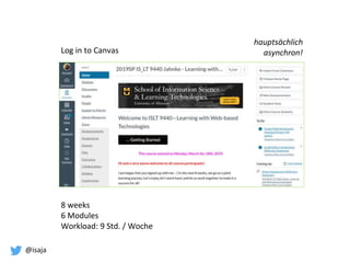 @isaja
Log in to Canvas
8 weeks
6 Modules
Workload: 9 Std. / Woche
hauptsächlich
asynchron!
 