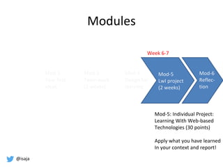 @isaja
Mod-5: Individual Project:
Learning With Web-based
Technologies (30 points)
Apply what you have learned
In your context and report!
Week 6-7
Mod-2
Your first
ideas
Mod-3
Team work
(2 weeks)
Mod-4
Design for
learning
Mod-5
LwI project
(2 weeks)
Mod-6
Reflec-
tion
Modules
 