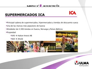 SUPERMERCADOS ICA Principal cadena de supermercados, hipermercados y tiendas de descuento sueca Una de las marcas más populares de Suecia Alrededor de 2.300 tiendas en Suecia, Noruega y Países Bálticos Propiedad: %40    Hakon Invest AB %60    Ahold EJEMPLO Nº  2 .  ALTA ROTACIÓN 