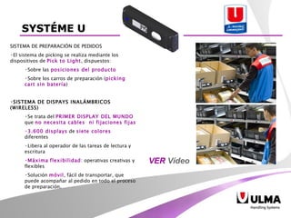 SISTEMA DE PREPARACIÓN DE PEDIDOS El sistema de picking se realiza mediante los dispositivos de  Pick to Light , dispuestos: Sobre las  posiciones del producto Sobre los carros de preparación ( picking cart sin batería ) SISTEMA DE DISPAYS INALÁMBRICOS (WIRELESS) Se trata del  PRIMER DISPLAY DEL MUNDO  que  no necesita cables  ni fijaciones fijas 3.600 displays  de  siete colores  diferentes   Libera al operador de las tareas de lectura y escritura Máxima   flexibilidad : operativas creativas y flexibles Solución  móvil , fácil de transportar, que puede acompañar al pedido en todo el proceso de preparación.  SYSTÉME U VER  Vídeo 