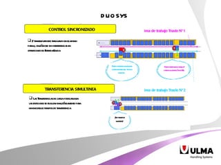 DUOSYS 2 transelevadores trabajando en el mismo pasillo, cruzándose sin interferencias en operaciones de Entrada/Salida.  Área de trabajo Traslo Nº1 Área de trabajo Traslo Nº2 Puedo traspasar al traslo 2 para ir a la estación de E/S,  Puedo acceder a cualquier caja dcha-izqda en  toda la longitud,  CONTROL SINCRONIZADO Las Transferencias de carga y descarga en las estaciones se realizan simultáneamente para minimizar los tiempos de transferencia.  TRANSFERENCIA SIMULTÁNEA ¡Sin tiempos muertos! 