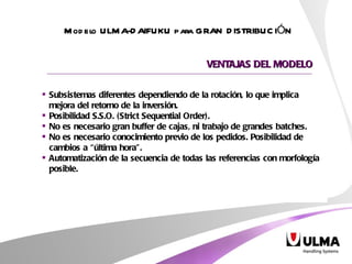 Subsistemas diferentes dependiendo de la rotación, lo que implica mejora del retorno de la inversión. Posibilidad S.S.O. (Strict Sequential Order). No es necesario gran buffer de cajas, ni trabajo de grandes batches. No es necesario conocimiento previo de los pedidos. Posibilidad de cambios a “última hora”. Automatización de la secuencia de todas las referencias con morfología posible. Modelo ULMA-DAIFUKU para GRAN DISTRIBUCIÓN VENTAJAS DEL MODELO 