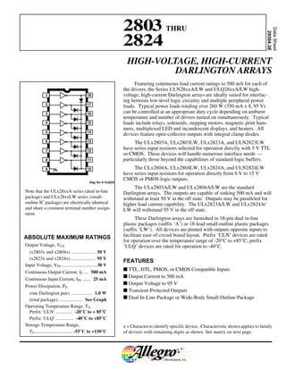 2803 THRU




                                                                                                                                             Data Sheet
                                                                                                                                              29304.3E
                                                               2824
                                                                 HIGH-VOLTAGE, HIGH-CURRENT
                                                                          DARLINGTON ARRAYS
                                                                     Featuring continuous load current ratings to 500 mA for each of
                                                               the drivers, the Series ULN28xxA/LW and ULQ28xxA/LW high-
             1                          18                     voltage, high-current Darlington arrays are ideally suited for interfac-
                                                               ing between low-level logic circuitry and multiple peripheral power
             2                          17
                                                               loads. Typical power loads totaling over 260 W (350 mA x 8, 95 V)
             3                          16                     can be controlled at an appropriate duty cycle depending on ambient
                                                               temperature and number of drivers turned on simultaneously. Typical
             4                          15                     loads include relays, solenoids, stepping motors, magnetic print ham-
                                                               mers, multiplexed LED and incandescent displays, and heaters. All
             5                          14
                                                               devices feature open-collector outputs with integral clamp diodes.
             6                          13                           The ULx2803A, ULx2803LW, ULx2823A, and ULN2823LW
             7                          12
                                                               have series input resistors selected for operation directly with 5 V TTL
                                                               or CMOS. These devices will handle numerous interface needs —
             8                          11                     particularly those beyond the capabilities of standard logic buffers.
             9                          10                          The ULx2804A, ULx2804LW, ULx2824A, and ULN2824LW
                                                               have series input resistors for operation directly from 6 V to 15 V
                                                               CMOS or PMOS logic outputs.
                                          Dwg. No. A-10,322A
                                                                    The ULx2803A/LW and ULx2804A/LW are the standard
Note that the ULx28xxA series (dual in-line                    Darlington arrays. The outputs are capable of sinking 500 mA and will
package) and ULx28xxLW series (small-                          withstand at least 50 V in the off state. Outputs may be paralleled for
outline IC package) are electrically identical                 higher load current capability. The ULx2823A/LW and ULx2824A/
and share a common terminal number assign-                     LW will withstand 95 V in the off state.
ment.
                                                                     These Darlington arrays are furnished in 18-pin dual in-line
                                                               plastic packages (suffix ‘A’) or 18-lead small-outline plastic packages
                                                               (suffix ‘LW’). All devices are pinned with outputs opposite inputs to
ABSOLUTE MAXIMUM RATINGS                                       facilitate ease of circuit board layout. Prefix ‘ULN’ devices are rated
                                                               for operation over the temperature range of -20°C to +85°C; prefix
Output Voltage, VCE                                            ‘ULQ’ devices are rated for operation to -40°C.
  (x2803x and x2804x) ..................... 50 V
  (x2823x and x2824x) ..................... 95 V
                                                               FEATURES
Input Voltage, VIN .............................. 30 V
                                                               I TTL, DTL, PMOS, or CMOS Compatible Inputs
Continuous Output Current, IC .... 500 mA
                                                               I Output Current to 500 mA
Continuous Input Current, IIN ....... 25 mA
                                                               I Output Voltage to 95 V
Power Dissipation, PD
                                                               I Transient-Protected Outputs
  (one Darlington pair) .................. 1.0 W
  (total package) ..................... See Graph              I Dual In-Line Package or Wide-Body Small-Outline Package
Operating Temperature Range, TA
  Prefix ‘ULN’ .............. -20°C to + 85°C
  Prefix ‘ULQ’ ............... -40°C to +85°C
Storage Temperature Range,                                     x = Character to identify specific device. Characteristic shown applies to family
  TS ................................ -55°C to +150°C          of devices with remaining digits as shown. See matrix on next page.
 