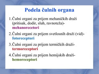 Podela čulnih organa
1.Čulni organi za prijem mehaničkih draži
(pritisak, dodir, sluh, ravnoteža)-
mehanorecetori
2.Čulni organi za prijem svetlosnih draži (vid)-
fotoreceptori
3.Čulni organi za prijem termičkih draži-
termoreceptori
4.Čulni organi za prijem hemijskih draži-
hemoreceptori
 