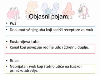 Objasni pojam.
• Puž
• Eustahijeva tuba
• Buka
• Deo unutrašnjeg uha koji sadrži receptore za zvuk
• Kanal koji povezuje rednje udo i ždrelnu duplju.
• Neprijatan zvuk koji štetno utiče na fizičko i
psihičko zdravlje.
 