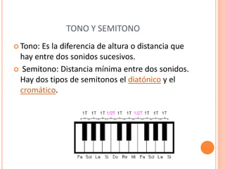TONO Y SEMITONO
 Tono: Es la diferencia de altura o distancia que
hay entre dos sonidos sucesivos.
 Semitono: Distancia mínima entre dos sonidos.
Hay dos tipos de semitonos el diatónico y el
cromático.
 