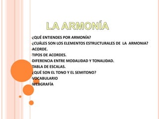 •¿QUÉ ENTIENDES POR ARMONÍA?
•¿CUÁLES SON LOS ELEMENTOS ESTRUCTURALES DE LA ARMONIA?
•ACORDE.
•TIPOS DE ACORDES.
•DIFERENCIA ENTRE MODALIDAD Y TONALIDAD.
•TABLA DE ESCALAS.
•¿QUÉ SON EL TONO Y EL SEMITONO?
•VOCABULARIO
•WEBGRAFÍA
 