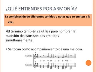 ¿QUÉ ENTIENDES POR ARMONÍA?
La combinación de diferentes sonidos o notas que se emiten a la
vez.
•El término también se utiliza para nombrar la
sucesión de estos sonidos emitidos
simultáneamente.
• Se tocan como acompañamiento de una melodía.
 