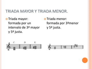 TRIADA MAYOR Y TRIADA MENOR.
 Triada mayor:
formada por un
intervalo de 3ª mayor
y 5ª justa.
 Triada menor:
formada por 3ªmenor
y 5ª justa.
 