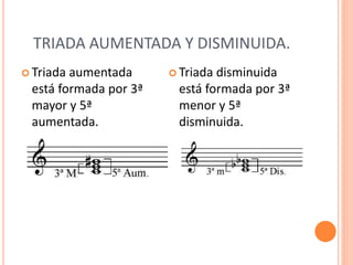TRIADA AUMENTADA Y DISMINUIDA.
 Triada aumentada
está formada por 3ª
mayor y 5ª
aumentada.
 Triada disminuida
está formada por 3ª
menor y 5ª
disminuida.
 