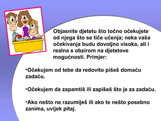 Objasnite djetetu što točno očekujete
          od njega što se tiče učenja; neka vaša
          očekivanja budu dovoljno visoka, ali i
          realna s obzirom na djetetove
          mogućnosti. Primjer:

•Očekujem od tebe da redovito pišeš domaću
zadaću.

•Očekujem da zapamtiš ili zapišeš što je za zadaću.

•Ako nešto ne razumiješ ili ako te nešto posebno
zanima, uvijek pitaj.
 