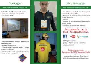 Strategia Plan dzia³ania
Językiem komunikacji Projektu jest język angielski:
- lekcje języka angielskiego z native-speakerem,
- telekonferencje SKYPE:
- odnalezienie lokalnych organizacji wolontariackich
i współpraca z nimi,
- spotkania wewnątrzszkolne,
- spotkania między partnerami Projektu i wspólne
działania wolontariackie,
- praca w zespołach o dużej dywersyﬁkacji społecznej,
narodowej, rasowej, językowej itp.
- jasny i klarowny, otwarty dla wszystkich chętnych
uczniów MOW Kamionek Wielki,
- dostosowany do adresatów Projektu we wszystkich
szkołach partnerskich,
- elastyczny
- nastawiony na poczucie odniesionego, subiektywnego
odczucia sukcesu,
- przeznaczony dla wszystkich grup wiekowych.
Rozpowszechnianie
idei wololontariatu
- lokalna prasa, telewizja
- placówka lokalnym „centrum wolontariatu:
- „poczta pantoﬂowa”
Dziękujemy za uwagę.
Zapraszamy do MOW Kamionek Wielki
www.mowkamionekwielki.blogspot.com
www.comeniusvolunteering.blogspot.com
www.mowkamionekwielki.blogspot.com www.comeniusvolunteering.blogspot.com
 