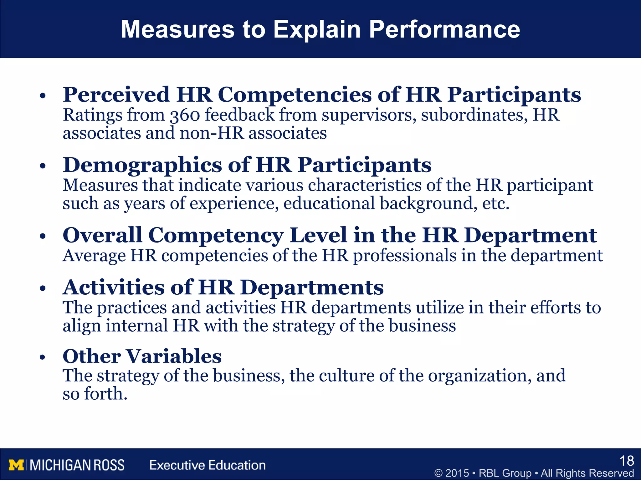 © 2015 • RBL Group • All Rights Reserved
Measures to Explain Performance
• Perceived HR Competencies of HR Participants
Ratings from 360 feedback from supervisors, subordinates, HR
associates and non-HR associates
• Demographics of HR Participants
Measures that indicate various characteristics of the HR participant
such as years of experience, educational background, etc.
• Overall Competency Level in the HR Department
Average HR competencies of the HR professionals in the department
• Activities of HR Departments
The practices and activities HR departments utilize in their efforts to
align internal HR with the strategy of the business
• Other Variables
The strategy of the business, the culture of the organization, and
so forth.
18
 