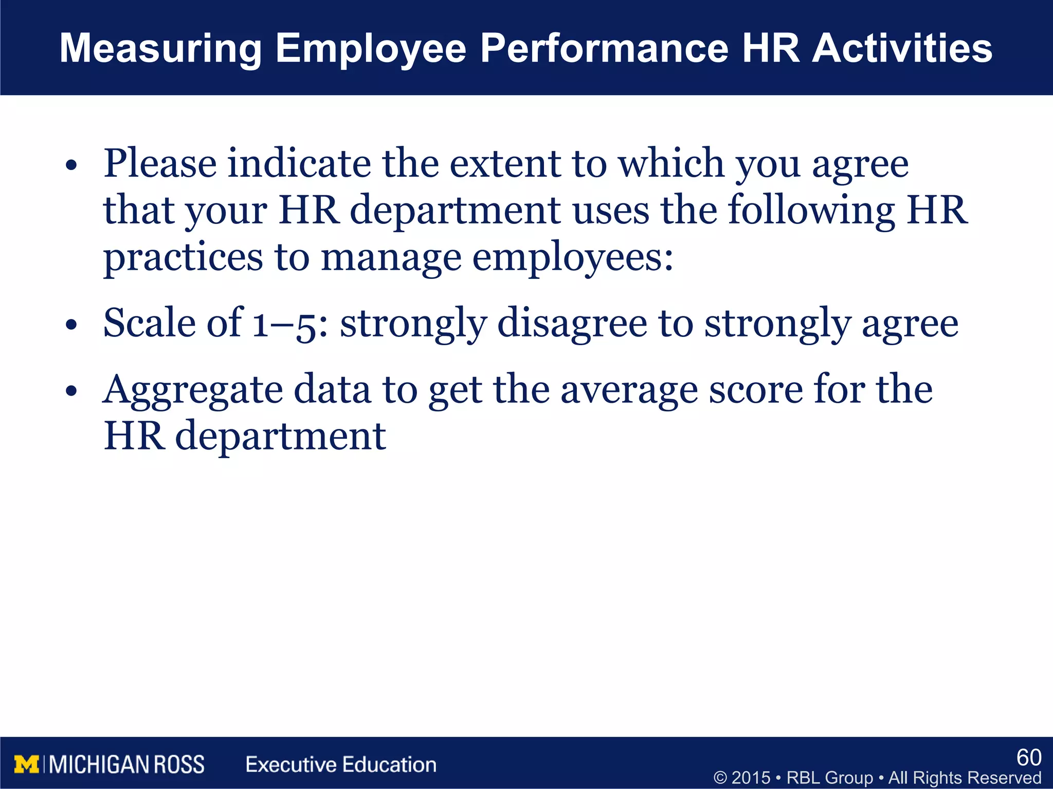 © 2015 • RBL Group • All Rights Reserved
Measuring Employee Performance HR Activities
• Please indicate the extent to which you agree
that your HR department uses the following HR
practices to manage employees:
• Scale of 1–5: strongly disagree to strongly agree
• Aggregate data to get the average score for the
HR department
60
 