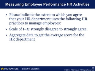 © 2015 • RBL Group • All Rights Reserved
Measuring Employee Performance HR Activities
• Please indicate the extent to which you agree
that your HR department uses the following HR
practices to manage employees:
• Scale of 1–5: strongly disagree to strongly agree
• Aggregate data to get the average score for the
HR department
60
 