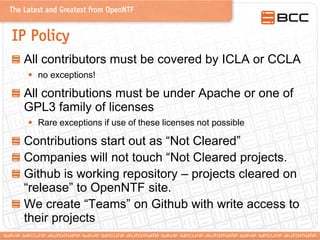 The Latest and Greatest from OpenNTF

IP Policy
All contributors must be covered by ICLA or CCLA
• no exceptions!

All con...