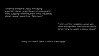 “outgoing and social (heavy messaging ---
especially distant recipients and opposite gender,
many outgoing comments, many friend requests to
distant people), doesn’t play Pets much”
“receives many messages, active user,
views many proﬁles, doesn't use meet me,
sends many messages to distant people”
Heavy user overall, (pets, meet me, messaging)!
“heavy user overall, (pets, meet me, messaging)”
 