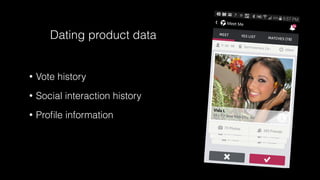 • Vote history
• Social interaction history
• Proﬁle information
Dating product data
 
