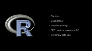 • Statistics
• Visualization
• Machine learning
• REPL, scripts, interactive IDE
• In-memory data sets
 