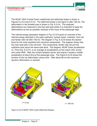 Engineering Services, Inc. 
The NCAP 100% Frontal Crash undeformed and deformed shape is shown in 
Figures 6.3.2-2 and 6.3.2-3. The deformed shape in the figure is after 100 ms. The 
deformation in the footwell area is shown in Fig. 6.3.2-4. The analyzed 
deformations are measured in the foot well area where it is important to keep the 
deformations as low as possible, because of the injury of the passenger legs. 
The internal energy absorption diagram in Fig. 6.3.2-5 gives an overview of the 
internal energy absorbed in the parts subframe, bumper beam, crashbox, front rail 
and fender side rail after 100 ms. The diagram in Fig. 6.3.2-6 shows the section 
force for the most important front structure components. The diagram shows that 
the main load path is the rail front. The components, fender side rail and the 
subframe have about the same load level. The diagram, NCAP Crash Acceleration 
vs. Time (Fig. 6.3.2-7), is an average of accelerations at the rocker LHS, tunnel, 
and rocker RHS. After the contact between barrier and engine it results a middle 
acceleration of about 29 g at the passenger area. The Figure 6.3.2-8 shows the 
function of the car deformation versus time. After about 68 ms the maximum 
dynamic deformation is reached. 
t = 0 ms t = 100 ms 
Figure 6.3.2-2 NCAP 100% Crash Deformed Shapes 
Chapter 6 - Page 20 
 