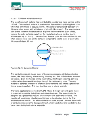 Steel Sheet 0.14 mm 
Polypropylene Core 0.65 mm 
Steel Sheet 0.14 mm 
Chapter 7 - Page 7 
Engineering Services, Inc. 
7.2.2.4. Sandwich Material Definition 
The use of sandwich material has contributed to considerable mass savings on the 
ULSAB. The sandwich material is made with a thermoplastic (polypropylene) core, 
which has a thickness of about 0.65 mm. This core is “sandwiched” between two 
thin outer steel sheets with a thickness of about 0.14 mm each. The polypropylene 
core of this sandwich material acts as a spacer between the two outer sheets, 
keeping the outer surfaces away from the neutral axis when a bending load is 
applied (see fig. 7.2.2.4-1). The mentioned material (total thickness about 0.96 mm 
when coated) has a very similar behavior compared to a solid sheet of steel with a 
thickness of about 0.7 mm. 
Figure 7.2.2.4-1 Sandwich Material 
This sandwich material shares many of the same processing attributes with steel 
sheets, like deep drawing, shear cutting, bonding, etc. But, unfortunately, it cannot 
be welded. Even mechanical joining like riveting, clinching or screwing, can be a 
problem when the material has to go through the paint-baking oven. The core 
material is softened by the heat and flows away from the area where a pretension 
from a screw is applied. This may lead to a loss in joining strength. 
Therefore, applications used in the ULSAB Phase 2 design were with parts made 
from sandwich material that did not go through the oven. The spare tire tub is 
designed as a prepainted module, preassembled with spare tire and tools. This 
module will be dropped into place and bonded to the structure during the final 
assembly of the vehicle. No additional heat has to be applied. Another application 
of sandwich material is the dash panel insert, which was bolted and bonded into the 
panel dash during final vehicle assembly. 
 