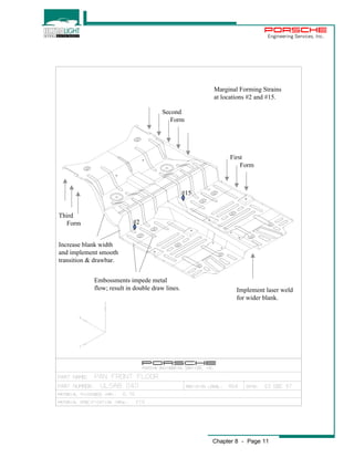 Engineering Services, Inc. 
Marginal Forming Strains 
at locations #2 and #15. 
First 
Form 
Chapter 8 - Page 11 
Second 
Form 
Third 
Form 
Increase blank width 
and implement smooth 
transition & drawbar. 
Embossments impede metal 
flow; result in double draw lines. Implement laser weld 
for wider blank. 
#2 
#15 
 