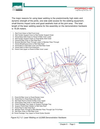 The major reasons for using laser welding is the predominantly high static and 
dynamic strength of the joints, one side weld access for the welding equipment, 
small thermic impact zone and good aesthetic look at the joint area. The total 
length of the laser welding seams for the assembly on the demonstration hardware 
is 18.28 meters. 
11. Panel B-Pillar Inner to Panel Rocker Inner 
12. Panel Roof to Panel Body Side Outer 
13. Rail Side Roof to Panel A-Pillar Inner Upper 
14. Panel Body Side Outer to Rail Side Roof 
15. Panel Package Tray Upper to Support Package Tray 
16. Support Panel Rear Header to Rail Side Roof 
17. Panel Roof to Rail Side Roof 
18. Member Pass Through to Brkt Member Pass Through Upr Frt & Rear 
19. Rail Rear Outer to Rail Rear Inner 
20. Panel Package Tray Upper to Panel Gutter Decklid 
Chapter 9 - Page 3 
Engineering Services, Inc. 
1. Rail Front Outer to Rail Front Inner 
2. Rail Fender Support Inner to Rail Fender Support Outer 
3. Panel Body Side Outer to Panel A-Pillar Inner Lower 
4. Rail Fender Support Outer to Panel Body Side Outer 
5. Panel B-Pillar Inner to Rail Side Roof 
6. Bracket Member Pass Through Lower to Member Pass Through 
7. Panel Wheelhouse Inner to Rail Side Roof 
8. Panel Back to Rail Rear Inner and Rail Rear Outer 
9. Panel Dash to Rail Front Extension 
10. Panel Cowl Upper to Panel A-Pillar Inner Lower 
13 
14 
7 
(12) 
17 
18 
12 
1 
2 
3 
20 
9 
(14) 
4 
(3) 
10 
5 
8 
6 
19 
15 
16 
11 
Figure 9.2.1-2 Laser Welding on ULSAB Demonstration Hardware 
 