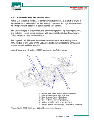 Chapter 9 - Page 7 
Engineering Services, Inc. 
9.2.3. Active Gas Metal Arc Welding (MAG) 
Active Gas Metal Arc Welding, or similar joining techniques, is used at all OEMs in 
locations with no weld access for spot welding or in areas with high stresses due to 
its strong structural behavior in comparison to spot welding. 
The disadvantages of this process, like slow welding speed, big heat impact zone, 
and pollution by weld fumes, especially with zinc coated materials, forced many 
OEMs to reduce it to a minimal amount. 
The targets for ULSAB were established to minimize the MAG welding seams. 
MAG welding is only used on the ULSAB body structure at locations without weld 
access for spot and laser welding. 
In total, there are 1.5 meters of MAG welding on the DH structure. 
Figure 9.2.3-1 MAG Welding on ULSAB Demonstration Hardware 
5 
6 7 
1 
2 
4 3 
1. Panel A-Piller Inner Lower to Panel Cowl Upper 
2. Door Hinges to Panel Body Side Outer 
3. Door Hinges to Panel B-Pillar Inner 
4. Door Hinges to Panel A-Pillar Inner 
5. Support Package Tray to Rail Side Roof 
6. Bracket Roof Rail Mount to Rail Side Roof 
7. Bracket Member Pass Through Lower to Rail Side Roof 
 