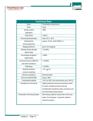 Engineering Services, Inc. 
Technical Data 
Basis Polyurethane prepolymer 
Color black 
Solids content >98% 
(GM 042.0) 
Flash Point >100° C 
Processing temperature ideal 10° C - 35° C 
Working time approx. 10 min. at 23° C/50% r.h. 
(Processing time) 
Sagging behavior good, non-sagging 
Ultimate tensile strength > 5.5 MPa 
(DIN 53 504) 
Percentage elongation > 200% 
(DIN 53 504) 
Combined tension (GM 021) > 4.5 MPa 
and shear resistance 
G-Modulus > 2.5 MPa 
Specific electrical > 10 cm 
(volume resistivity) 
Abrasion resistance Extremely high 
Recovery (DIN 52 458) approx. 99% 
Temperature stability - 40° C at 100° C (for short periods up to 140° C) 
Resistance to chemicals Highly resistant to aqueous chemicals, petrol 
Chapter 9 - Page 10 
W 
(in cured conditions) alcohol and oils. 
Conditionally resistant to esters, aromatics and 
and chlorinated hydrocarbons. 
Preparation of bonding surface All bonding surfaces must be free of dirt, dust, 
water, oil and grease. In general, surfaces 
should be primed. 
 