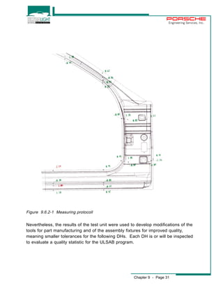 Engineering Services, Inc. 
Nevertheless, the results of the test unit were used to develop modifications of the 
tools for part manufacturing and of the assembly fixtures for improved quality, 
meaning smaller tolerances for the following DHs. Each DH is or will be inspected 
to evaluate a quality statistic for the ULSAB program. 
Chapter 9 - Page 31 
Figure 9.6.2-1 Measuring protocoll 
 